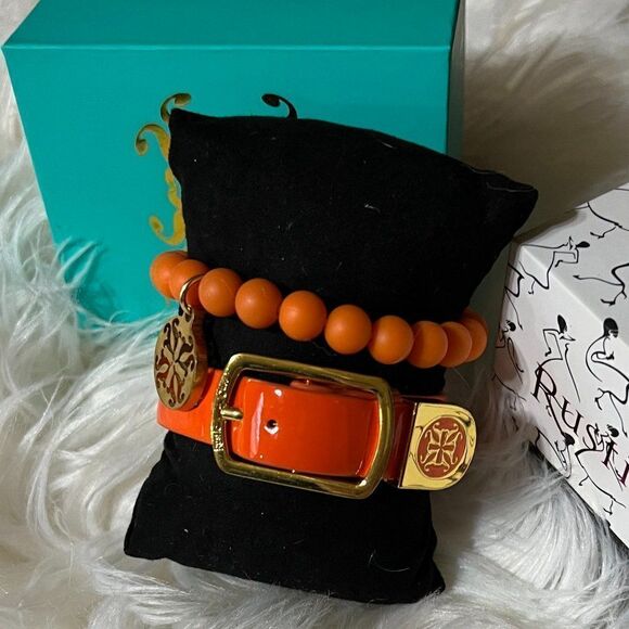 Rustic Cuff 2 pc. lot of Orange stretchy and leather bracelet - Picture 1 of 4